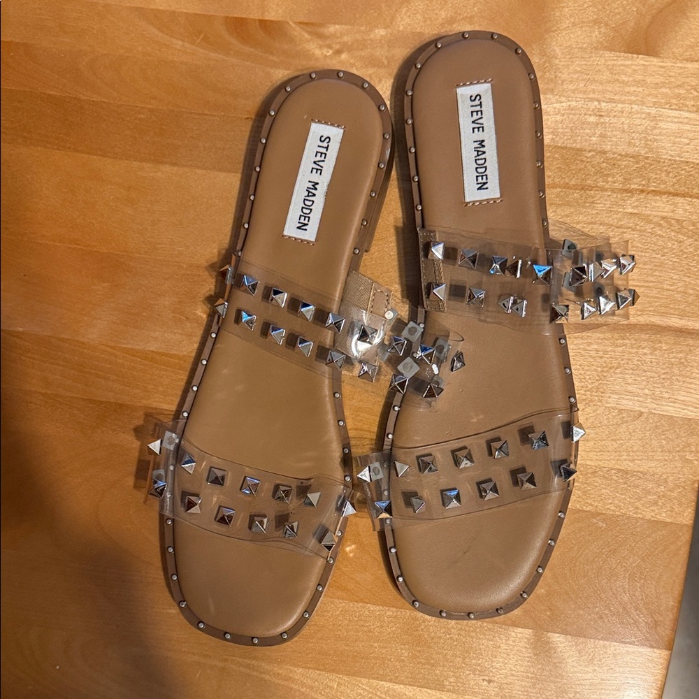 Steve Madden Brown and Clear Studded Sandals